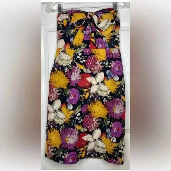 Anthropologie Black Pink Floral Strapless Bow Dress Sz 2 Woman MOULINETTE - Picture 3 of 6